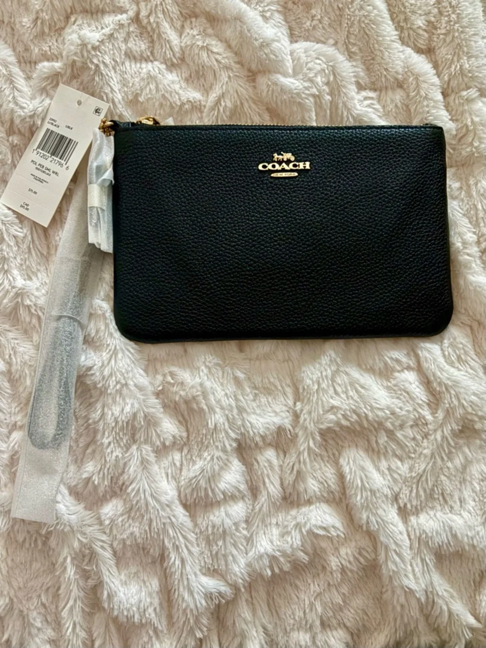 NEW Coach Black Crossgrain Leather Small Zip Top Wristlet Pouch - Picture 2 of 12